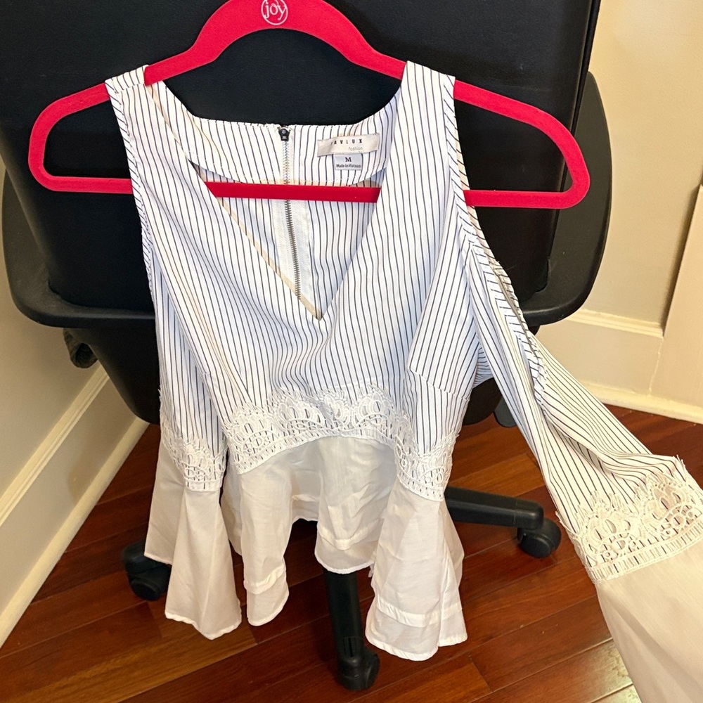 FAVLUX White and Blue Striped Blouse with Lace Detail